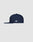 A navy blue LFDY x New Era 59FIFTY Paris fitted cap by LIVE FAST DIE YOUNG, shown from the side with a small white embroidered logo on the side panel, set against a plain light grey background.