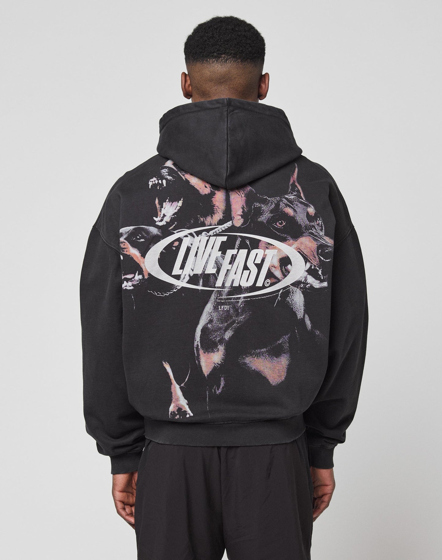 A person faces away from the camera in an oversize black LFDY Canine Hooded Zip by LIVE FAST DIE YOUNG, made from Baumwolle Polyester. It features snarling dog graphics and bold silver LIVE FAST text on the back, hood up. | model