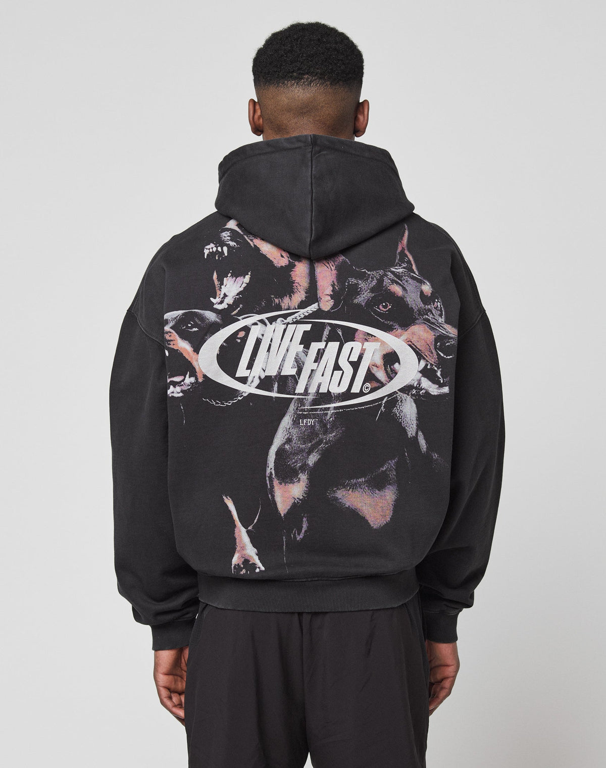 A person faces away from the camera in an oversize black LFDY Canine Hooded Zip by LIVE FAST DIE YOUNG, made from Baumwolle Polyester. It features snarling dog graphics and bold silver LIVE FAST text on the back, hood up. | model