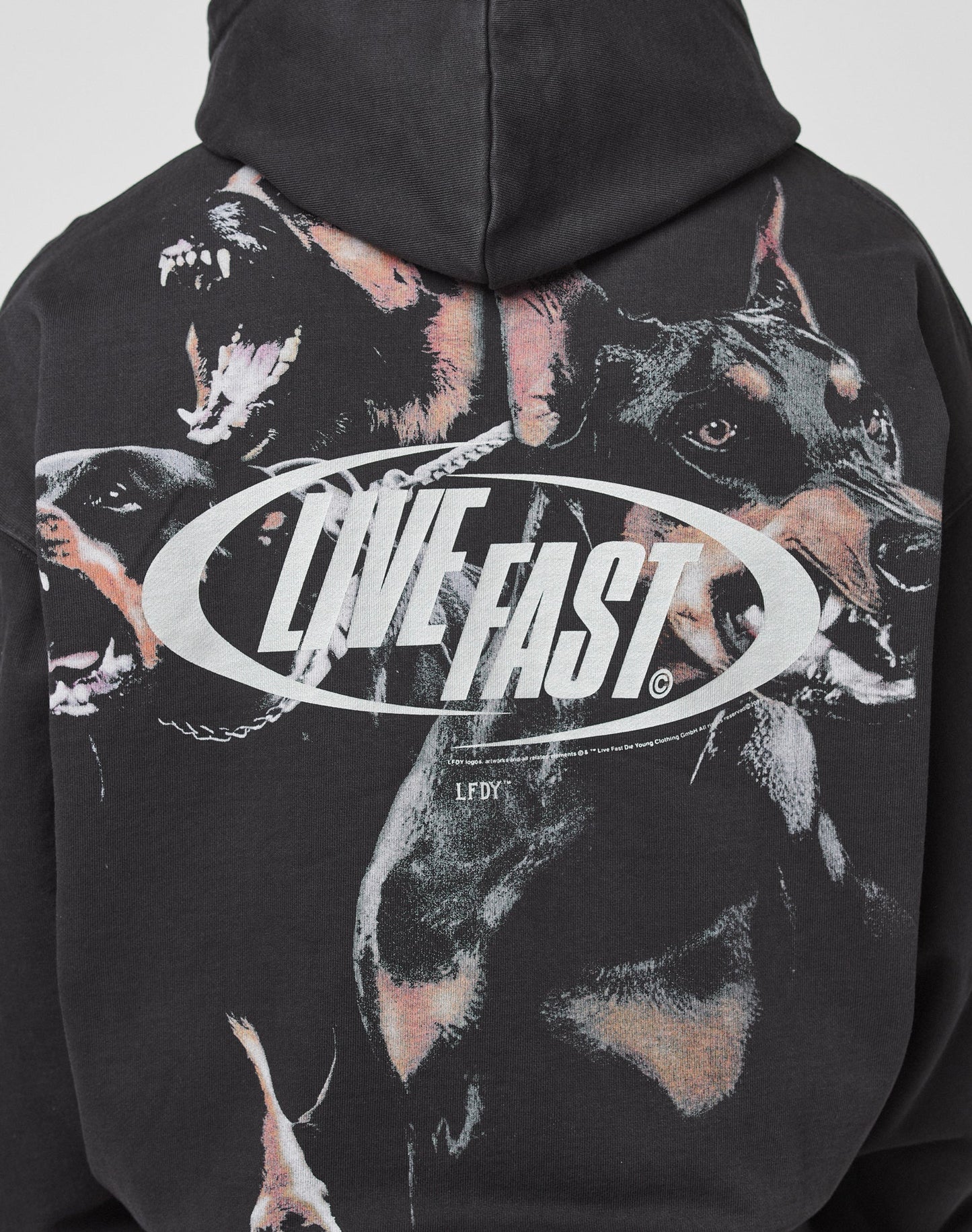 The LFDY Canine Hooded Zip by LIVE FAST DIE YOUNG is a black oversized hoodie with snarling Doberman graphics and a white oval LIVE FAST logo, finished with the brand name below. Made from a soft cotton-polyester mix.