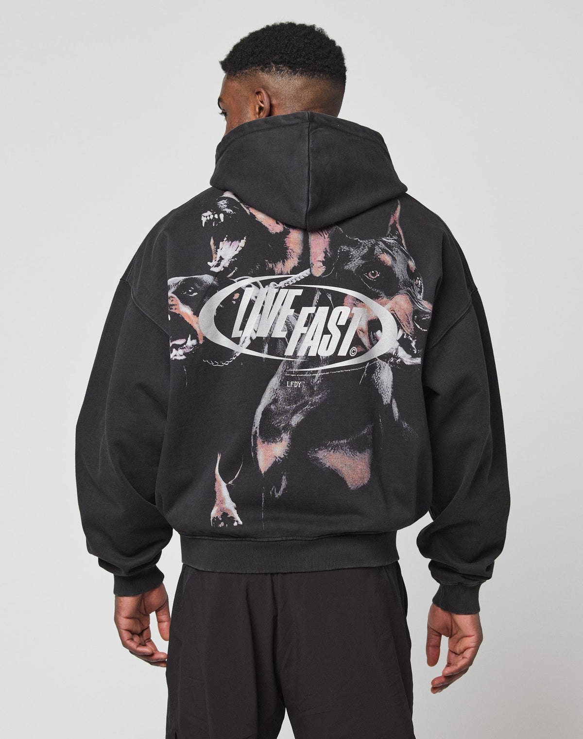 A person wearing the LFDY Canine Hooded Zip by LIVE FAST DIE YOUNG, featuring a bold snarling dogs graphic and “LIVE FAST” in silberner Druck on the back, stands with their back to the camera.