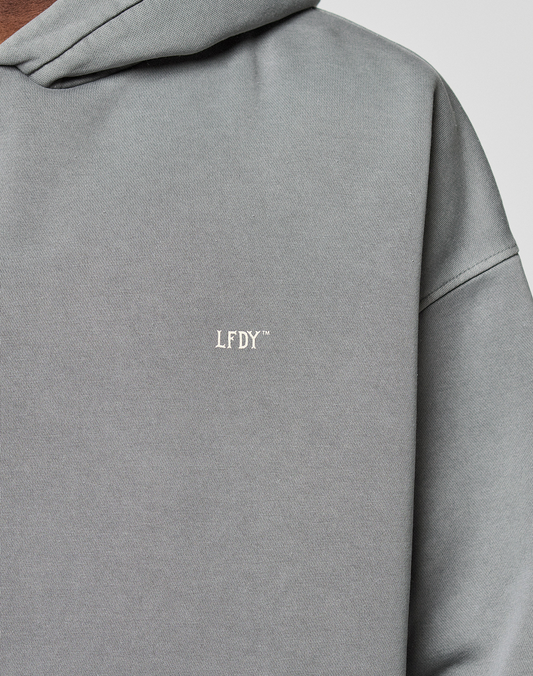 Close-up of the Basic Evidence Hooded by LIVE FAST DIE YOUNG, a gray oversized hoodie featuring white embroidered LFDY™ on the chest. The image showcases its textured fabric, minimal design, and subtle faded look.