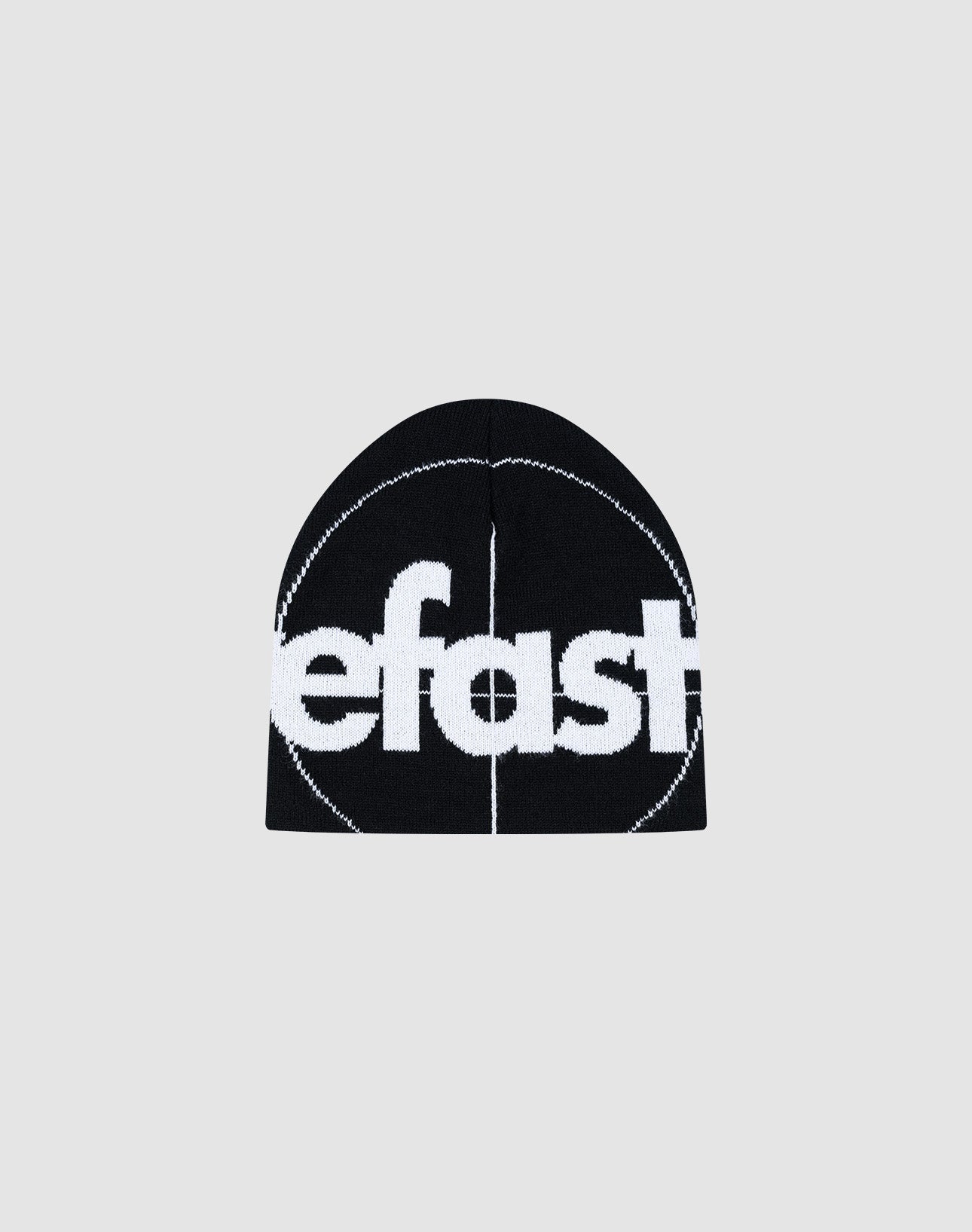 The LFDY Target Beanie by LIVE FAST DIE YOUNG is a black polyacryl beanie featuring bold white "efast" Logostrick text on the front, shown against a plain light gray background.| plain