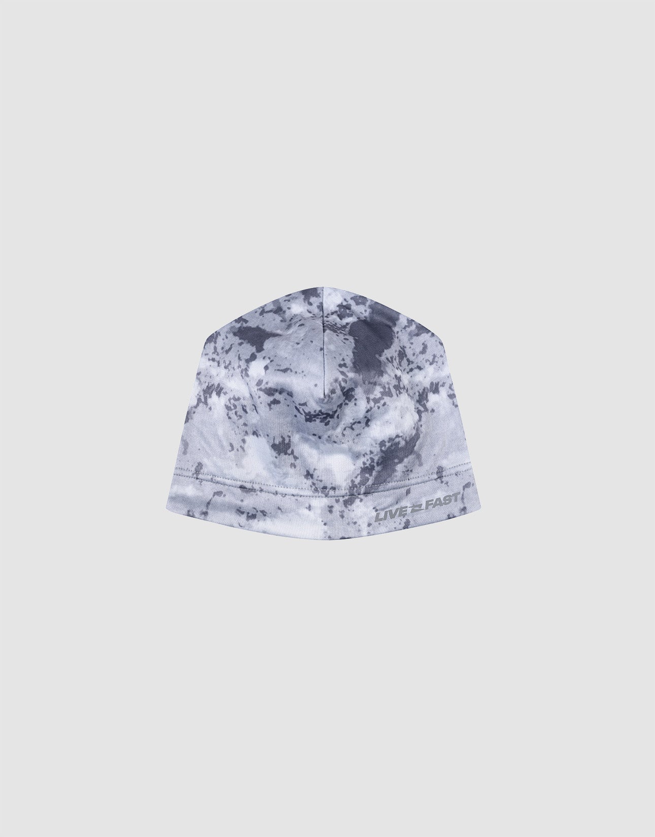 The Live Fast Performance Beanie by LIVE FAST DIE YOUNG features gray and white camo, a soft fleece lining, and “LIVE FAST” printed near the edge, shown against a plain light background.| plain