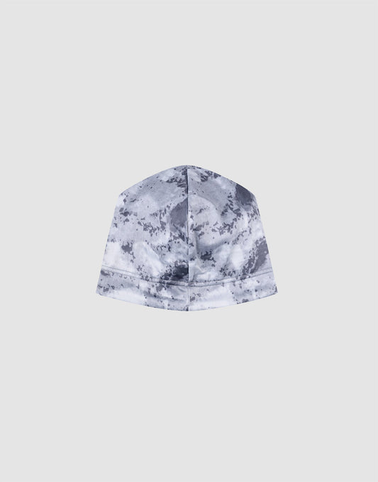 The LIVE FAST DIE YOUNG Live Fast Performance Beanie, featuring a gray and white tie-dye design and fleece lining, is displayed from the back against a light gray background, showing the vertical center seam.