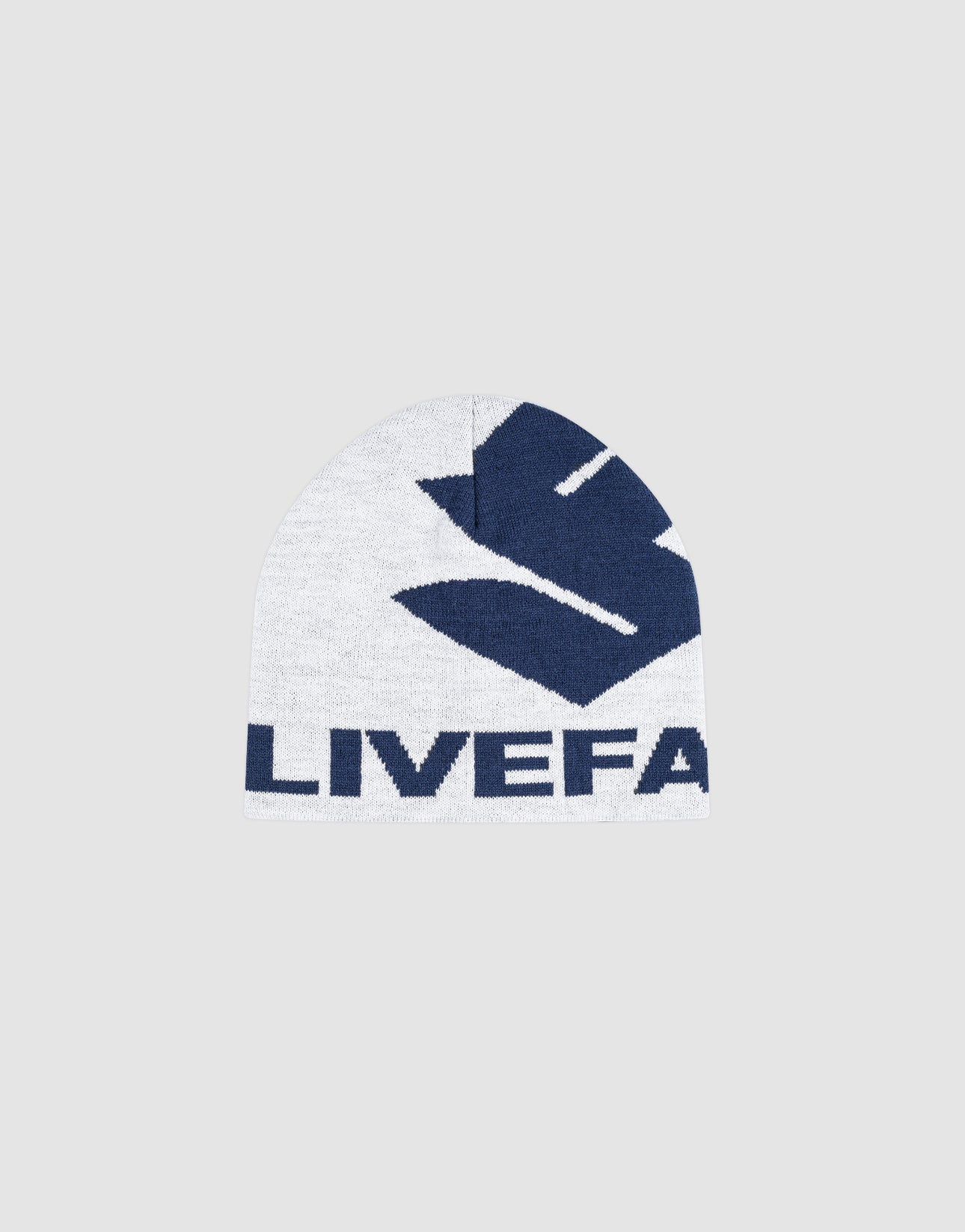 The LIVE FAST DIE YOUNG Live Fast LF Beanie is a light gray 100% Polyacryl beanie, featuring a large dark blue abstract Jacquard Artwork and the bold partial word “LIVEFA” across the front. Style code: LF2603-20073.| plain