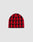 The LF Monogram Beanie by LIVE FAST DIE YOUNG is a soft Polyacryl red and black beanie with a bold geometric zigzag design and Jacquard Monogram, shown on a plain light grey background.