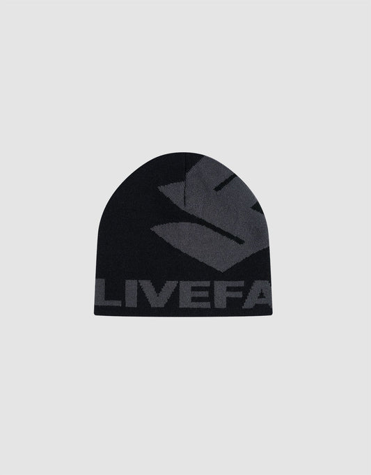 The Live Fast LF Beanie by LIVE FAST DIE YOUNG is a black polyacryl hat with jacquard artwork, featuring a large gray abstract logo and the bold partial word "LIVEFA" on the front (style LF2603-20084), shown on a light gray background.
