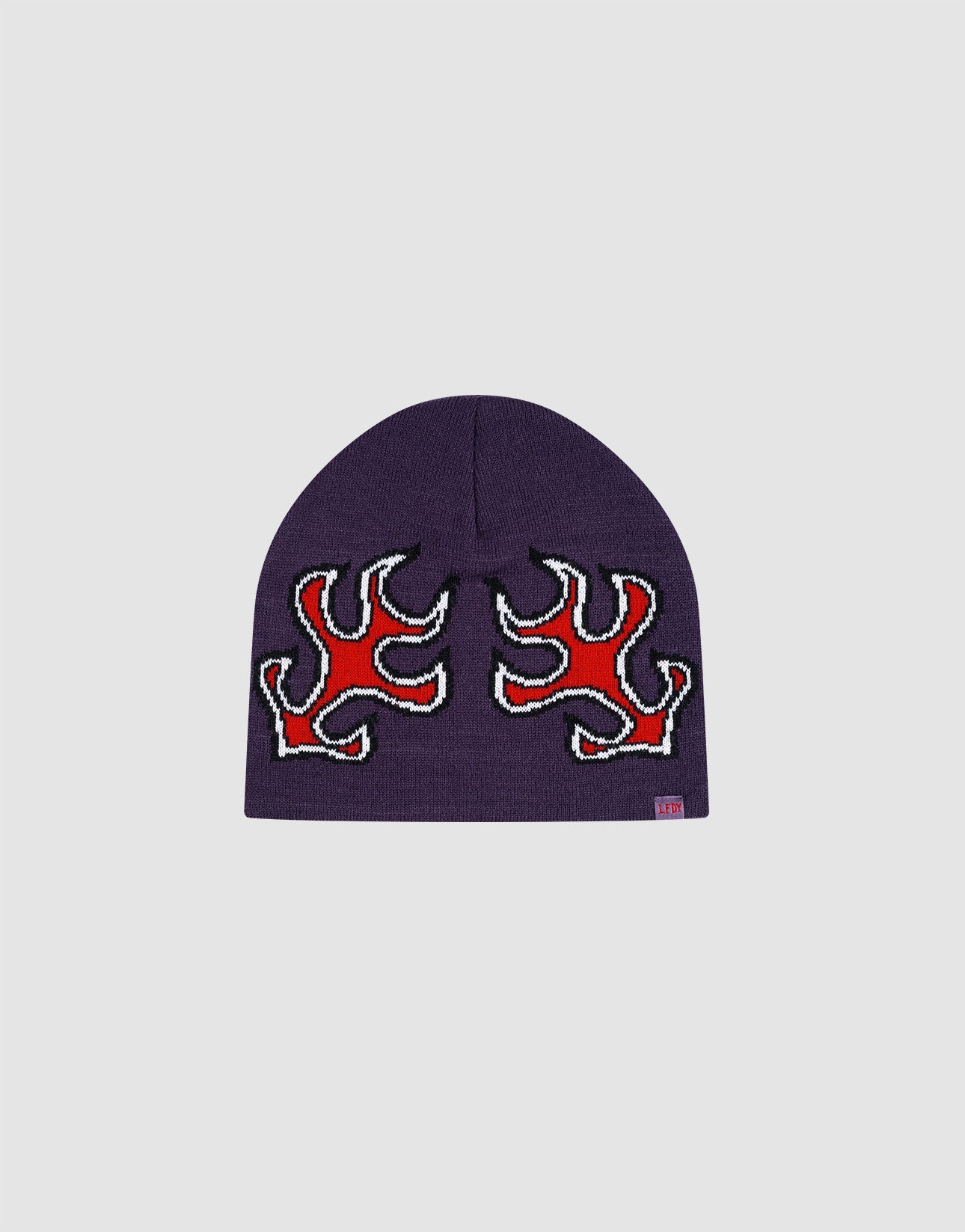 The LFDY Flames Beanie by LIVE FAST DIE YOUNG is a purple Polyacryl hat with two red and white Jacquard flame designs on the front, a subtle Flaglabel, and is shown against a light gray background.