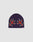 The LFDY Flames Beanie by LIVE FAST DIE YOUNG is a purple Polyacryl hat with two red and white Jacquard flame designs on the front, a subtle Flaglabel, and is shown against a light gray background.