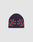 The LFDY Flames Beanie by LIVE FAST DIE YOUNG is a purple polyacryl hat featuring two red Jacquard flame designs outlined in black and white on the front, shown against a plain light gray background.