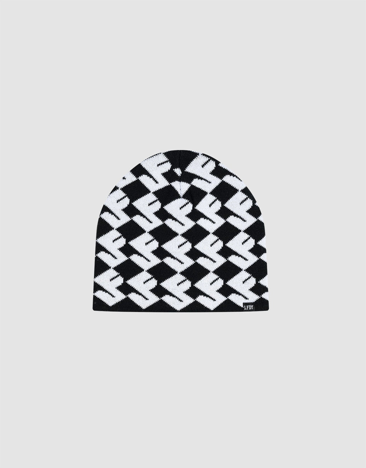 The LF Monogram Beanie by LIVE FAST DIE YOUNG is a black and white polyacryl knit featuring a bold zigzag Jacquard Monogram Muster and finished with a stylish flaglabel. 