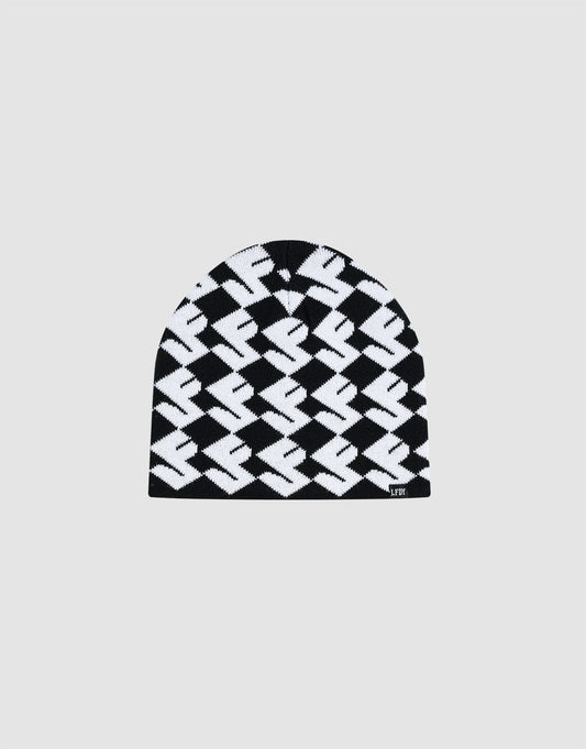 The LF Monogram Beanie by LIVE FAST DIE YOUNG is a black and white polyacryl knit featuring a bold zigzag Jacquard Monogram Muster and finished with a stylish flaglabel.