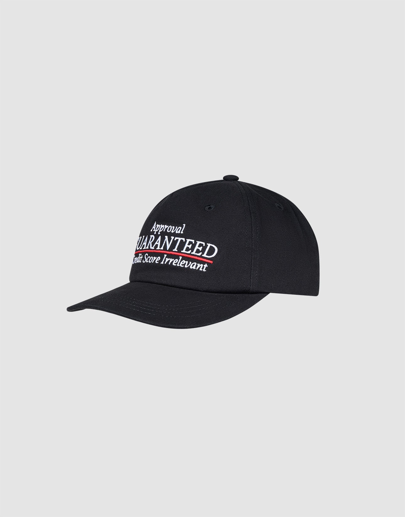 The LFDY Guaranteed Cap by LIVE FAST DIE YOUNG is a black unstructured 5-panel cap made from 100% polyester, with “Approval GUARANTEED Credit Score Irrelevant” embroidered in white and red, and a snap closure for an adjustable fit.