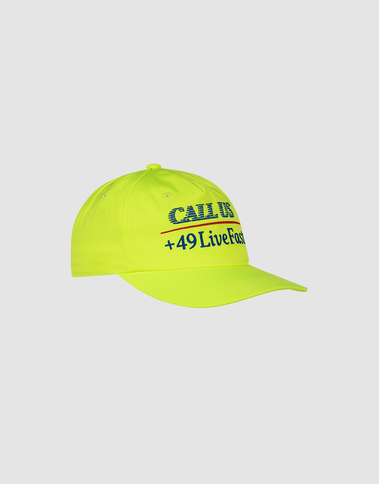 The LFDY Hotline Cap by LIVE FAST DIE YOUNG is a neon yellow 5-panel cap featuring CALL US and +49LiveFast in blue and black on the front. The unstructured cap is shown on a plain light gray background.