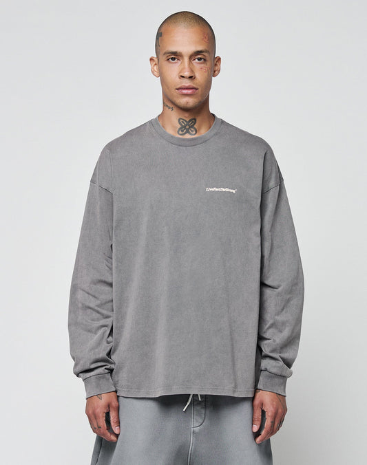 A person with a shaved head and neck tattoo models the LIVE FAST DIE YOUNG Basic Longsleeve—an oversize fit, 100% cotton gray shirt with a subtle chest logo—paired with gray pants against a plain white background. | model