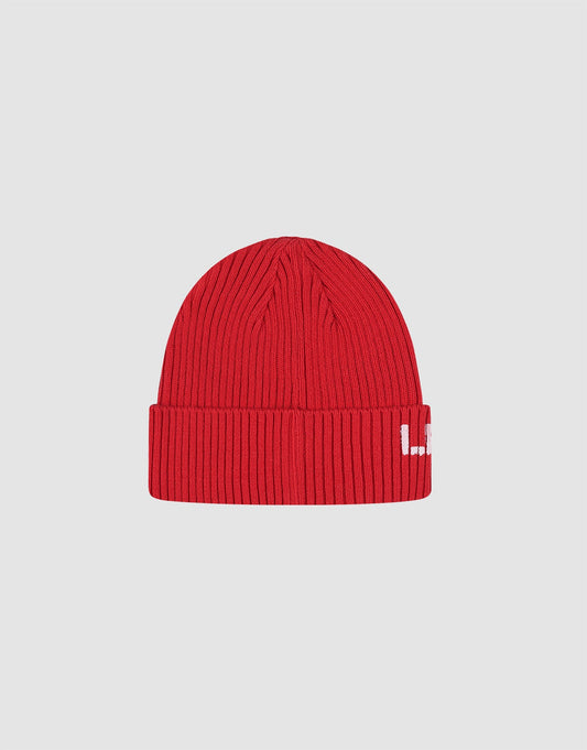 The Live Fast Army Beanie by LIVE FAST DIE YOUNG is a bright red ribbed knit hat made from 100% Baumwolle, with a folded brim and a small white frayed web label on the left cuff, shown on a plain light background.