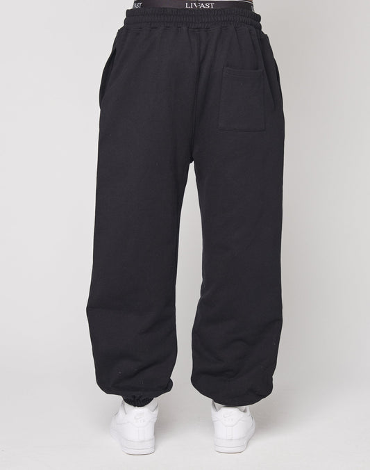 Model showcases the DY Loose Jogger by LIVE FAST DIE YOUNG, featuring a relaxed fit, elastic waistband, and back pocket, paired with white sneakers. Only the lower body is visible against a plain white background.