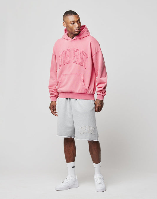 A man stands against a plain background wearing an oversize pink “LIVE FAST” hoodie, white socks, white sneakers, and light gray Ripped College Shorts by LIVE FAST DIE YOUNG. He looks slightly to his left.