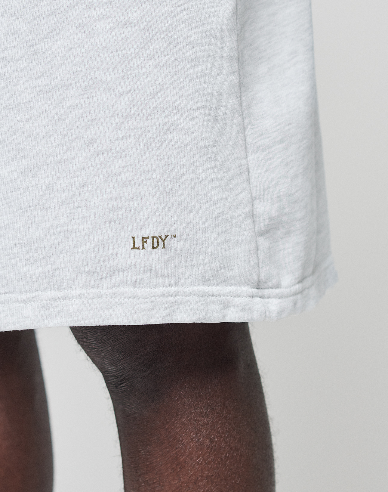 Close-up of a person wearing LIVE FAST DIE YOUNG Basic Shorts in light gray with a subtle gold logo print near the hem. These regular-fit shorts are shown against a minimal, neutral background.