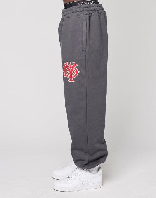 A person wears gray DY Jogger Sweatpants by LIVE FAST DIE YOUNG with elastic waistband and red, white embroidered logo on the thigh, paired with white socks and white Nike sneakers, standing in profile against a neutral background.