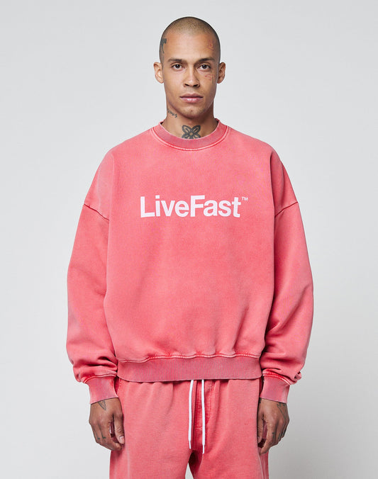 A person wears the oversize Basic LiveFast Sweater by LIVE FAST DIE YOUNG in faded pink, featuring a bold frontprint and paired with matching sweatpants, standing against a plain light gray background.