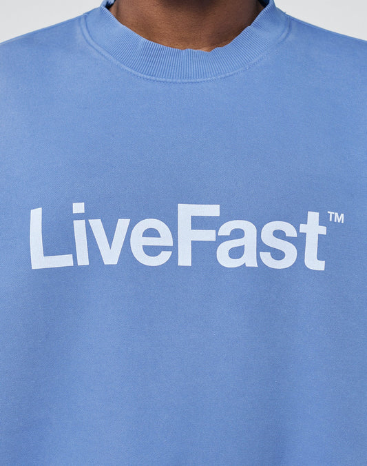 A person wears the Basic LiveFast Sweater by LIVE FAST DIE YOUNG, featuring an Oversize Fit, subtle Faded Look, and bold white LiveFast™ print across the chest.