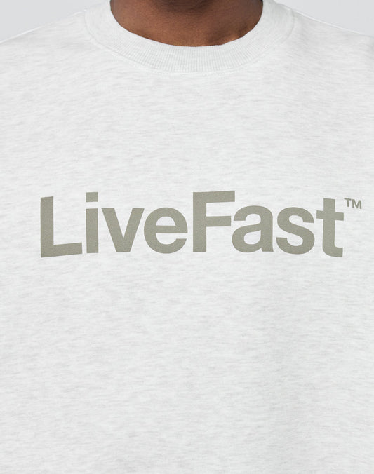 A person wearing the Basic LiveFast Sweater by LIVE FAST DIE YOUNG in light gray, featuring bold LiveFast™ text across the chest. Oversize fit and crafted from a soft cotton-polyester blend for comfort and style.