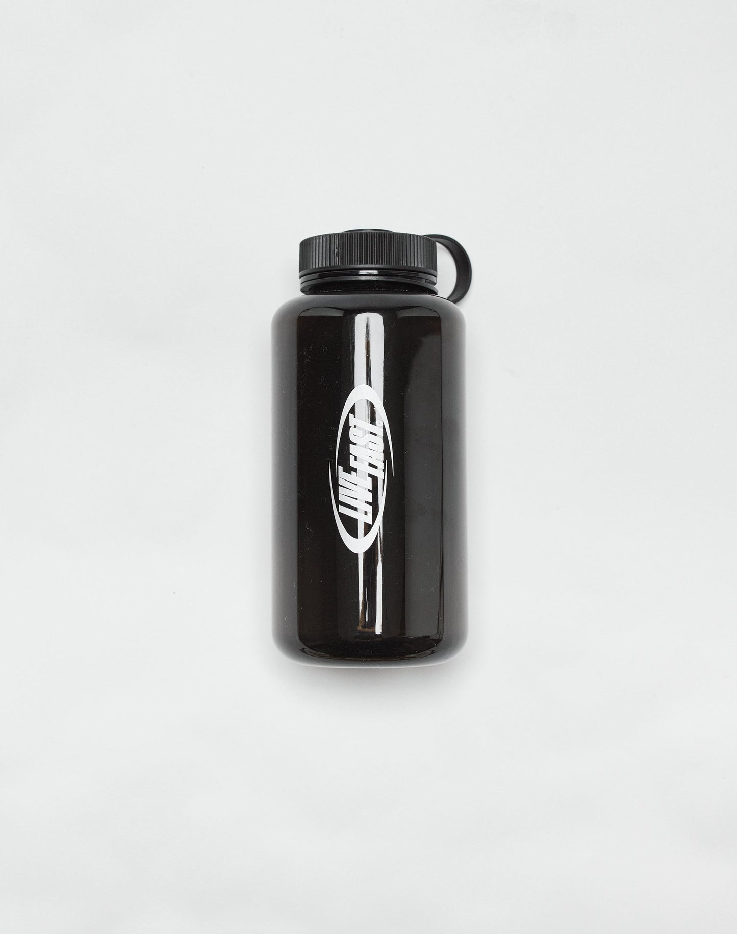 The Live Fast Performance Gym Bottle by LIVE FAST DIE YOUNG is a black, 100% Tritan, BPA-free reusable bottle with a screw-on lid, loop handle, and white oval logo. Model LF2501-17113 is shown against a plain white background.