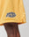 Close-up of a person wearing LFDY Oval Mesh Shorts by LIVE FAST DIE YOUNG, featuring a yellow mesh design, elastic waistband, and LIVE FAST in bold near the hem. Made from lightweight polyester for comfort and a regular fit.