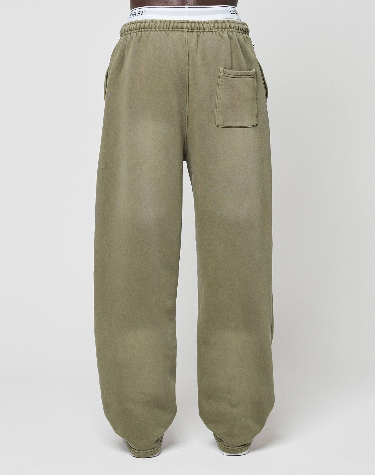 Back view of a person wearing LIVE FAST DIE YOUNG Basic Wide Jogger sweatpants in olive green, featuring a wide fit, elastic waistband, right patch pocket, ankle length, and a subtle faded-look finish for casual style.