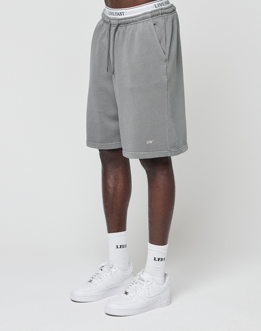 A person wears LIVE FAST DIE YOUNG Basic Shorts in gray with a branded waistband, white LEDY logo socks, and white sneakers. Only the lower half of the regular fit look is shown against a plain white background.