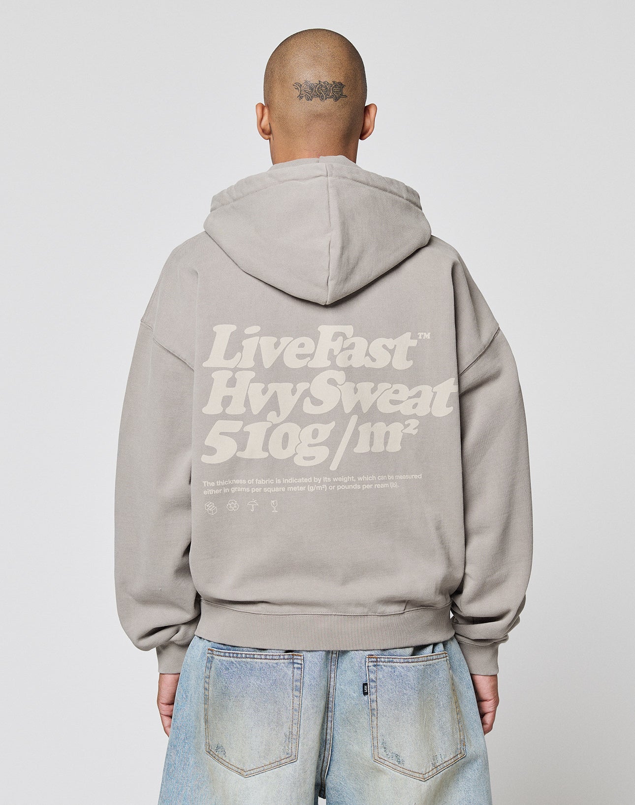 The Basic 510 Hooded Zip by LIVE FAST DIE YOUNG is a plain grey zip-up hoodie with a subtle vintage wash, front pockets, hood, and "LiveFast" in small white text on the left chest, shown flat on a light grey background.| plain
