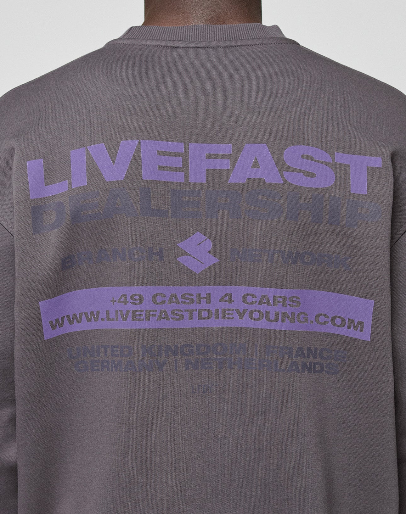 A person wearing the LFDY Network Sweater by LIVE FAST DIE YOUNG—an oversize dark gray sweatshirt with bold purple "LIVEFAST DEALERSHIP" back print, plus details like a website, phone number, and various country names.