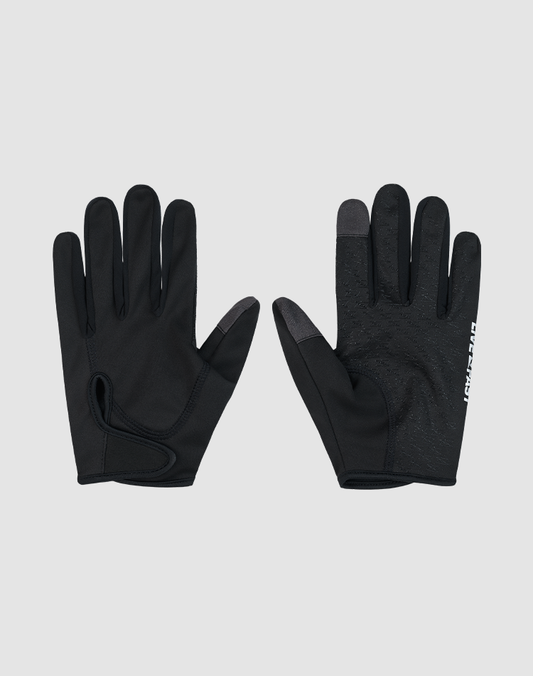A pair of black Live Fast Gloves by LIVE FAST DIE YOUNG shown palm-up and palm-down on light gray, with textured grip, reflective printing, and a convenient Klettverschluss for a secure fit. 