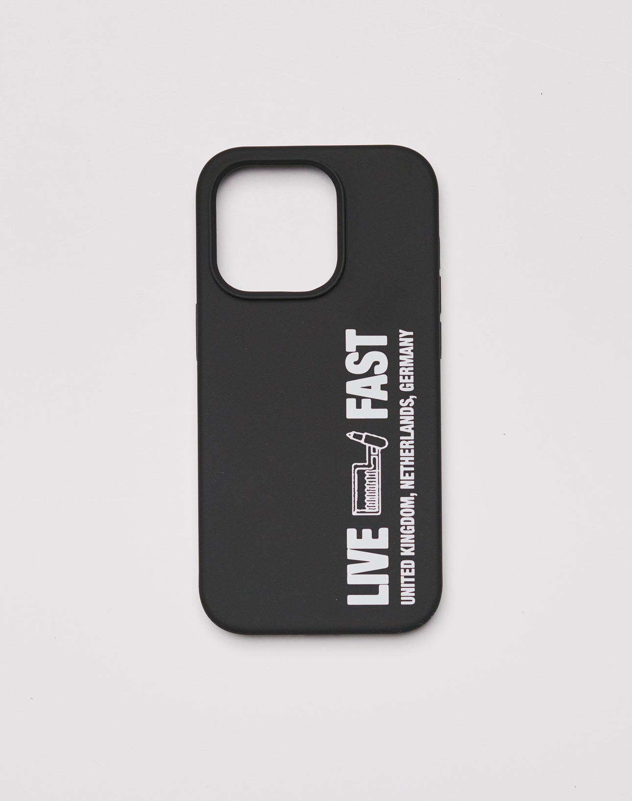 The Hit and Run Phone Case by LIVE FAST DIE YOUNG is a black TPU cover with “LIVE FAST” and country names in white, a speeding ticket graphic, Velour lining inside, and fits various iPhone models.