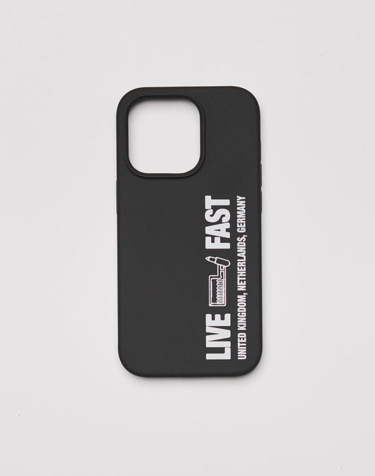 The Hit and Run Phone Case by LIVE FAST DIE YOUNG is a black TPU cover with “LIVE FAST” and country names in white, a speeding ticket graphic, Velour lining inside, and fits various iPhone models.