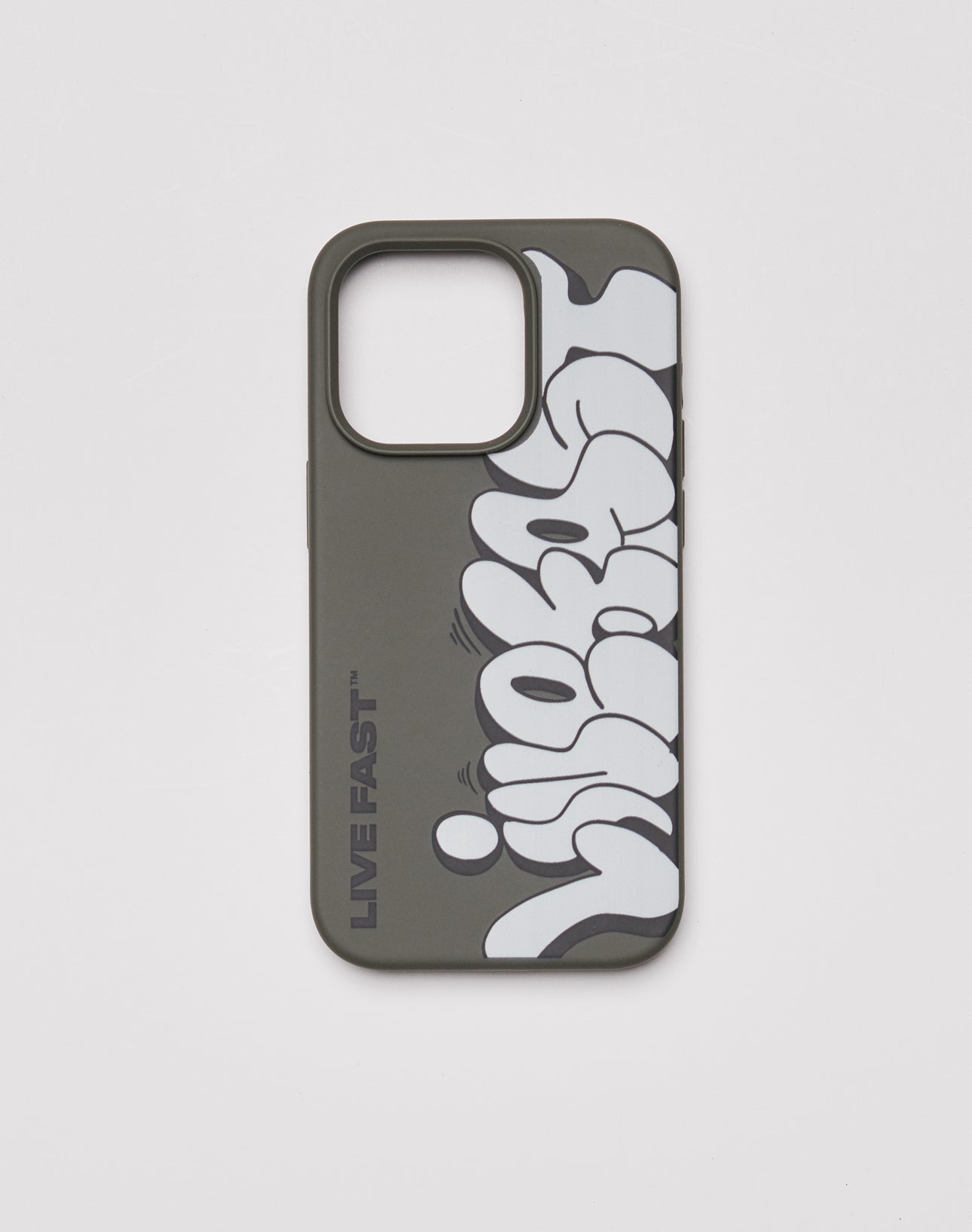 The T-Up Phone Case by LIVE FAST DIE YOUNG is a dark gray TPU case for iPhones, featuring bold white graffiti-style LIVE FAST™ lettering on the left side and a soft velour inner lining. Background is plain white.