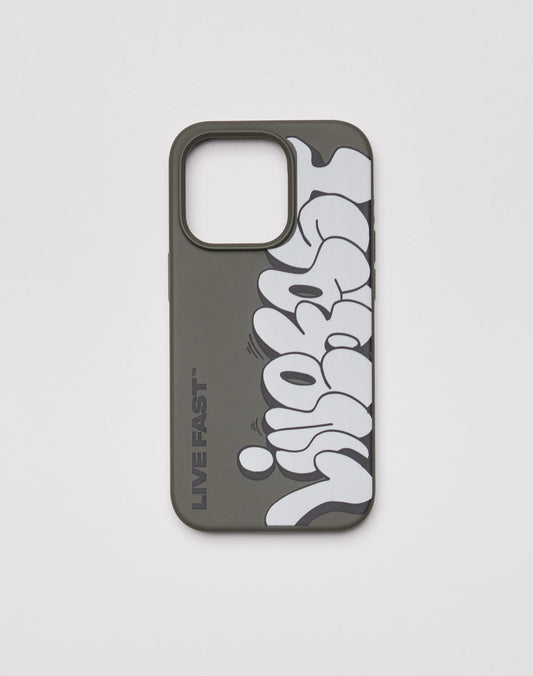 The T-Up Phone Case by LIVE FAST DIE YOUNG is a dark gray TPU case for iPhones, featuring bold white graffiti-style LIVE FAST™ lettering on the left side and a soft velour inner lining. Background is plain white.