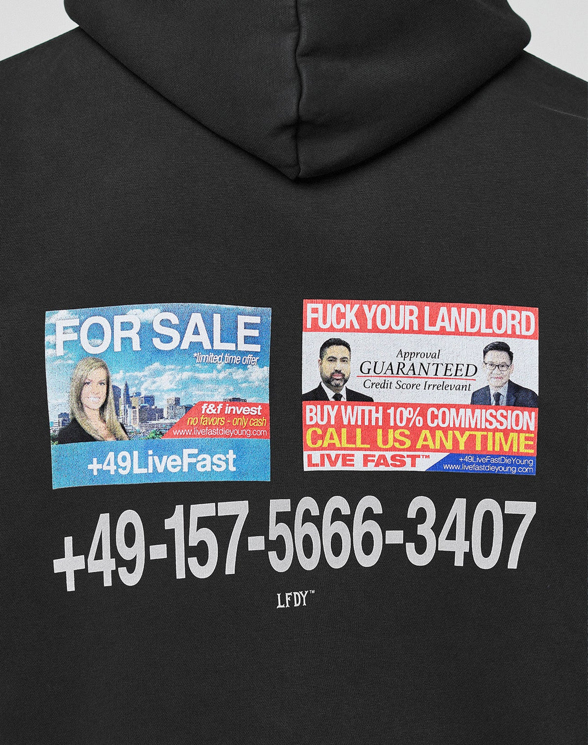 LIVE FAST DIE YOUNG Live Fast Call Us Hooded: Schwarzer Oversize-Hoodie mit Baumwolle, Front- und Backprint: Text-Patches „FOR SALE“ und „FUCK YOUR LANDLORD“ samt Fotos, großer Telefonnummer am Rücken & kleinem LFDY-Logo.