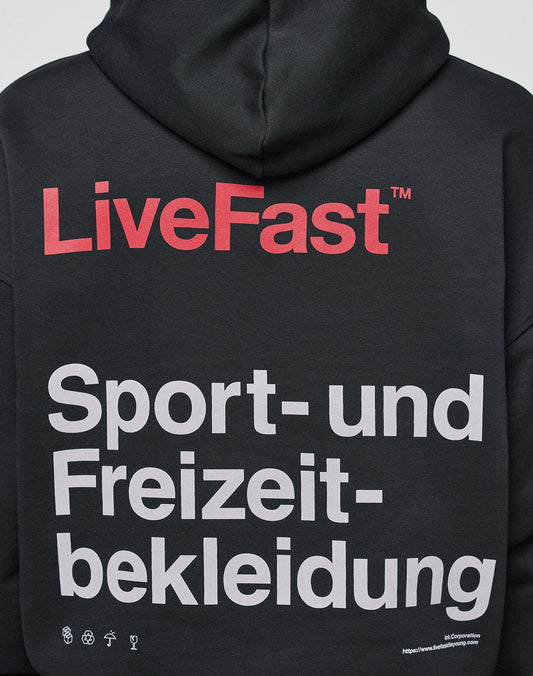 The back of the Basic Trademark Hooded by LIVE FAST DIE YOUNG features bold red LiveFast, large white Sport- und Freizeitbekleidung, front and back prints, small white icons, website info, oversize fit, and is made from 65% Baumwolle.