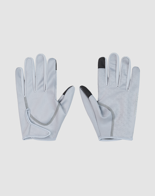 A pair of LIVE FAST DIE YOUNG Live Fast Gloves in light gray with black tips on the thumb and index finger, shown palm up and palm down against a plain white background.| plain 