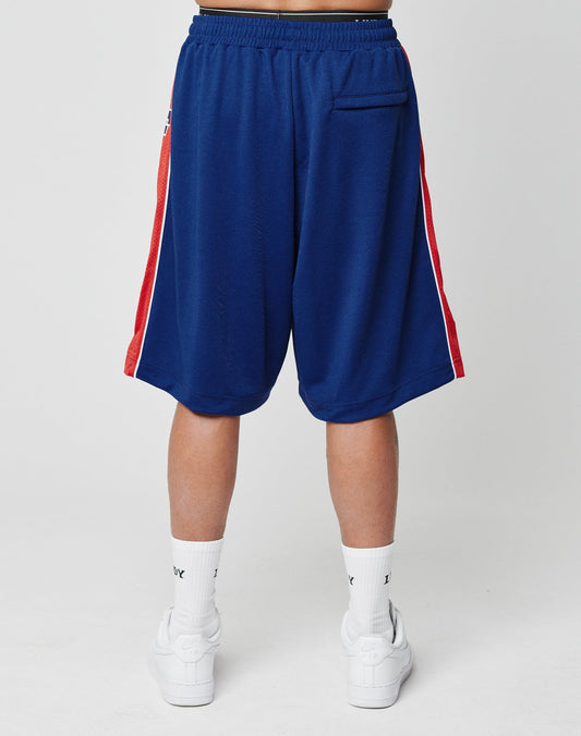 A person wears LIVE FAST DIE YOUNG Striped Mesh Shorts—blue with red and white side stripes, an elastic waistband—paired with white socks and sneakers, standing with their back to the camera against a white background.