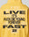 The Print Over Hooded by LIVE FAST DIE YOUNG is a yellow oversized hoodie made from 100% cotton, featuring bold black and white backprint text, faded details, and a small airplane icon near the hem.