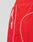 Close-up of LIVE FAST DIE YOUNG Beach Shorts in red, regular fit nylon with white zipper pocket, piping detail, and elastic waistband, set against a light grey background for comfort and durability.
