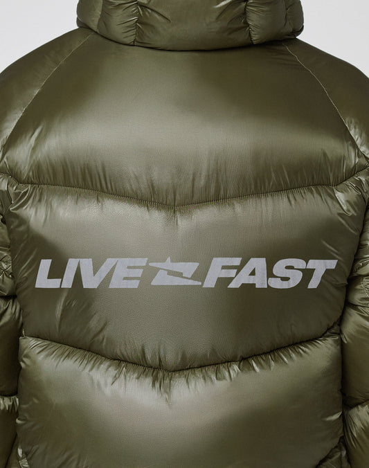 Back view of the Live Fast Puffer Jacket by LIVE FAST DIE YOUNG in olive green nylon, featuring bold white reflective "LIVE FAST" print across the back.