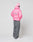 A person stands facing away in a bright pink Live Fast Puffer Jacket by LIVE FAST DIE YOUNG, featuring reflective "NEEFAST" print on the back, paired with a pink cap, loose gray jeans, and white sneakers against a plain white background.