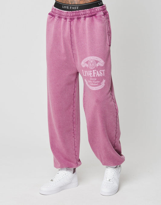 A person wears the Loyal Loose Jogger by LIVE FAST DIE YOUNG—relaxed-fit, pink joggers with a vintage wash and LIVE FAST text/graphic on the thigh. The oversize fit and elastic waistband complete the casual look, ideal with white sneakers.