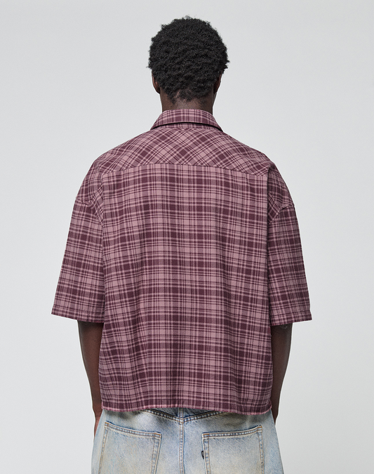 A person is shown from behind wearing a maroon plaid LFDY Light Flannel by LIVE FAST DIE YOUNG, made from 100% cotton, paired with light blue denim jeans against a plain white background.