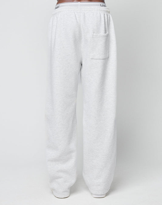 A person wears LIVE FAST DIE YOUNG Basic Wide Jogger sweatpants in light gray, featuring an oversized fit, elastic waistband with drawstring, and a single back pocket, standing against a plain white background.
